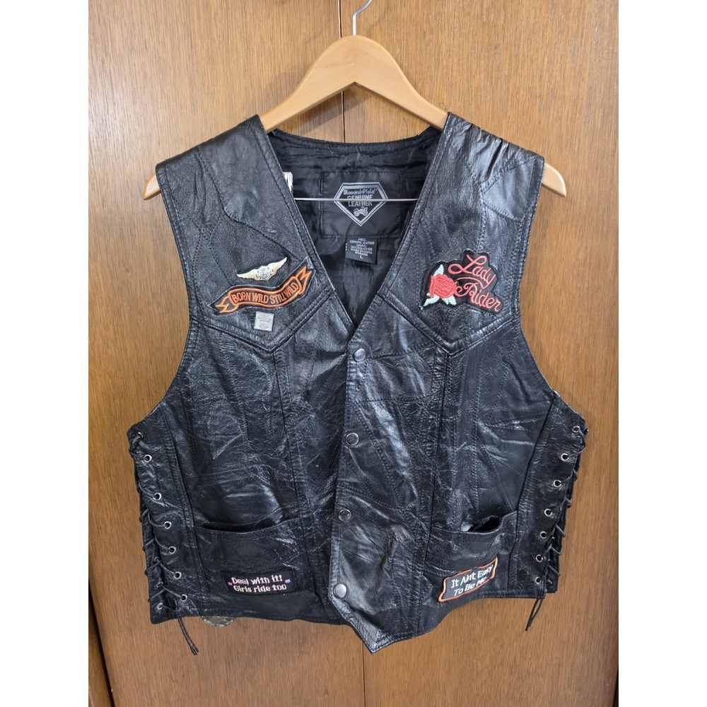 Diamond Plate Genuine‎ Buffalo Leather Lined Ridding Vest Graffiti Patches Sz L